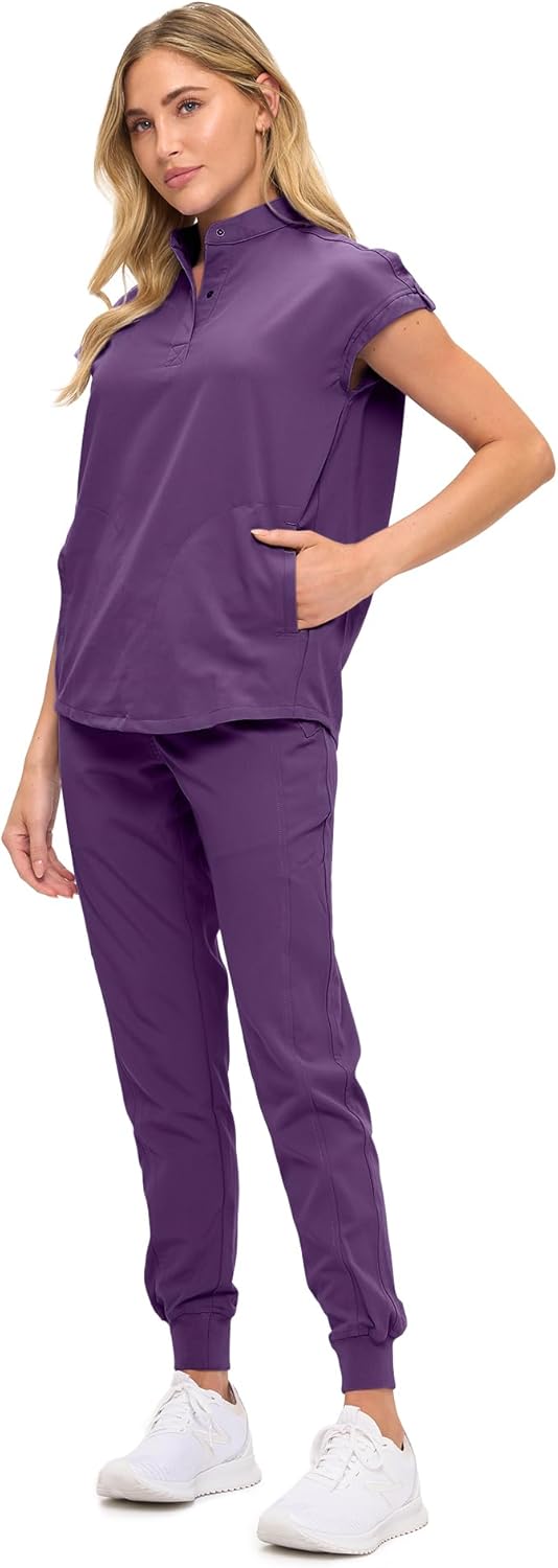 Monarch Uniforms Women's Jogger Scrub Set with Oversized Scrub Top with Mandarin Collar - Eggplant