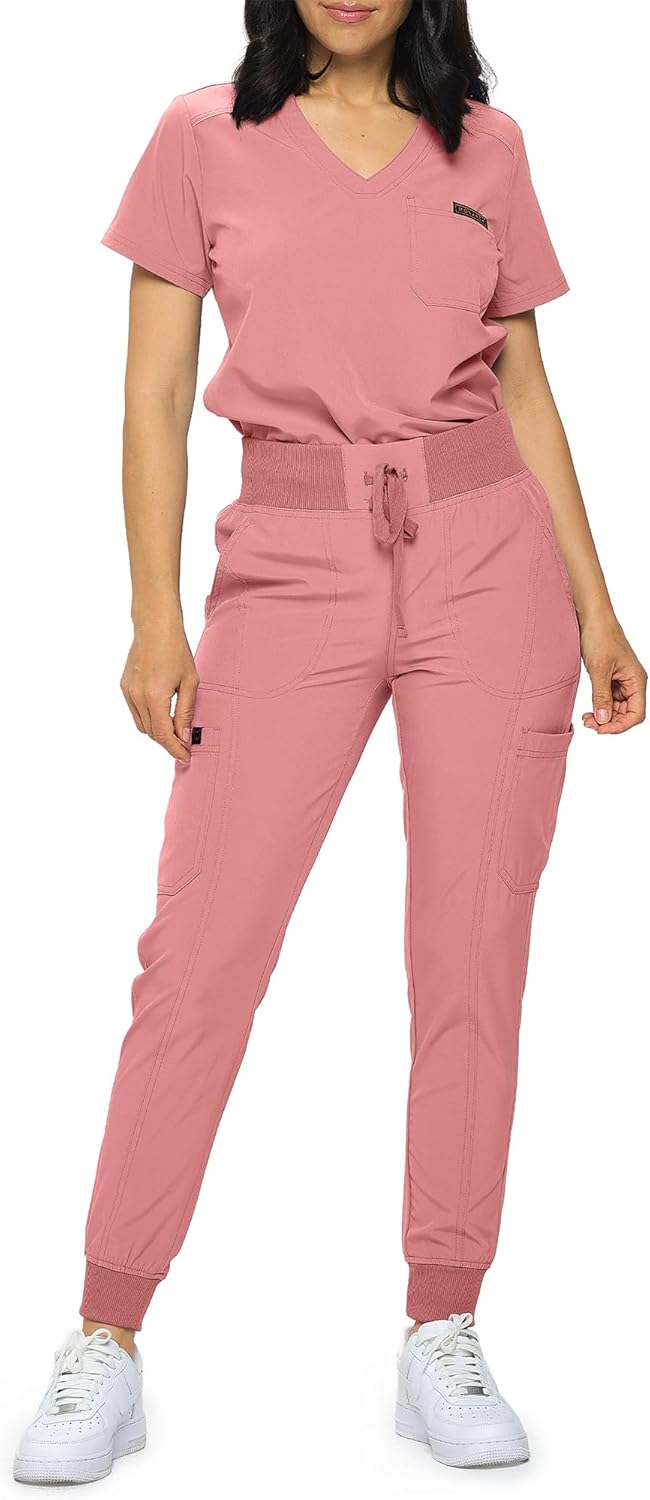 Monarch Uniforms Slim Fit Stretchy Scrubs Women's Jogger Scrub Set with Tuck-In Top - Mauve