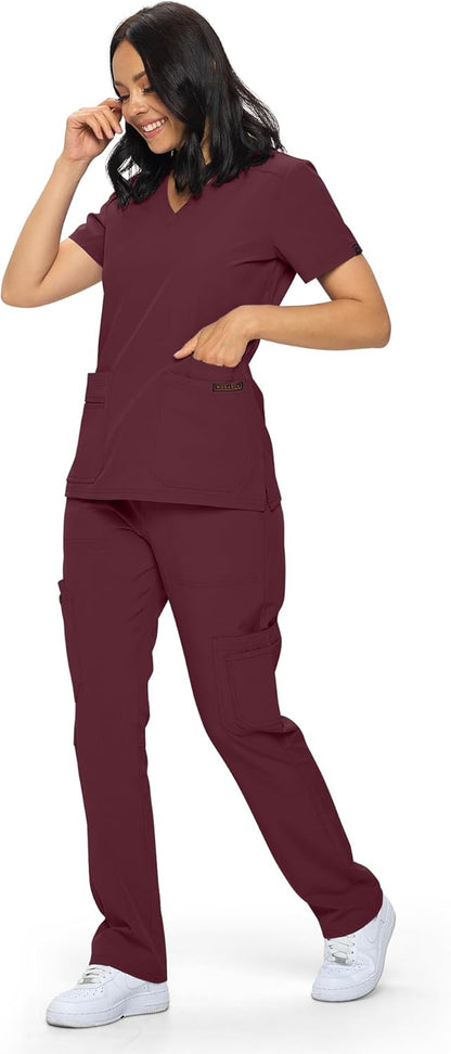 Monarch Uniforms Scrub Sets - Regular & Petite Stretchy Scrubs for Women - Set of Top & Pants - Burgundy
