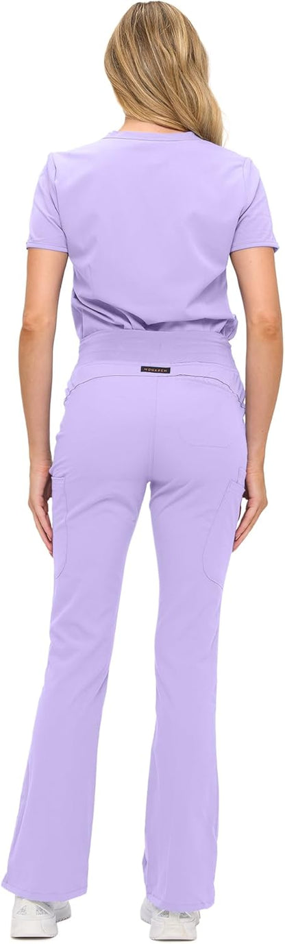 Monarch Uniforms Women's Soft Stretch Scrub Set With Nine Pockets – V-Neck Top & High-Waisted Bootcut Pants - Lavender