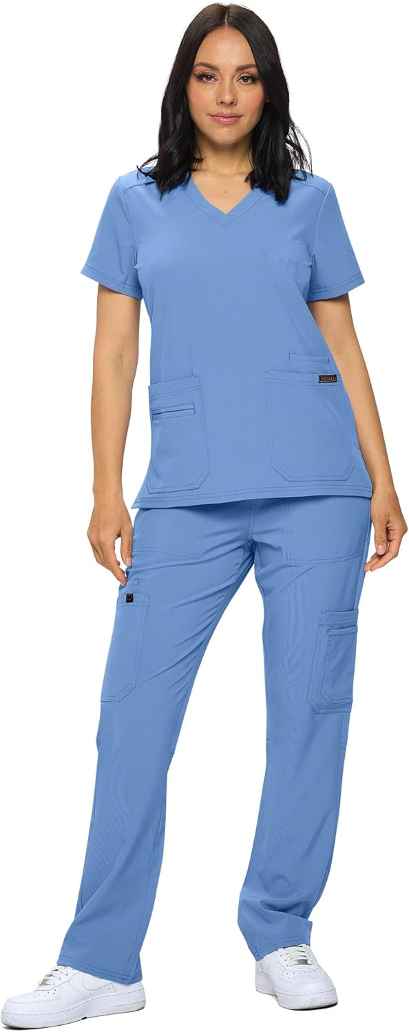 Monarch Uniforms Scrub Sets - Regular & Petite Stretchy Scrubs for Women - Set of Top & Pants - Ceil Blue