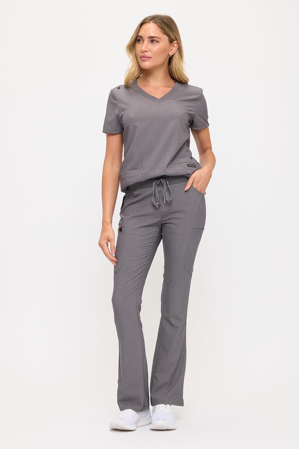 Monarch Uniforms Women's Soft Stretch Scrub Set With Nine Pockets – V-Neck Top & High-Waisted Bootcut Pants - Heather Grey