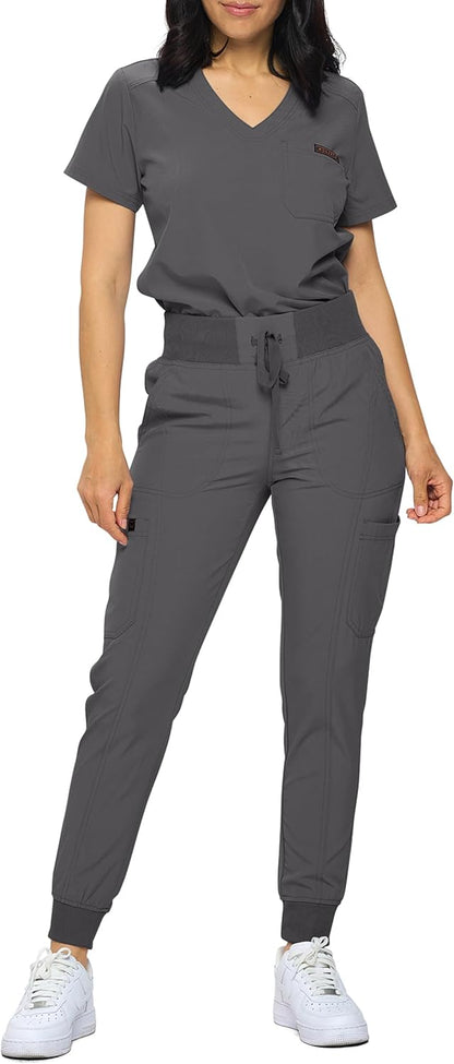 Monarch Uniforms Slim Fit Stretchy Scrubs Women's Jogger Scrub Set with Tuck-In Top - Charcoal