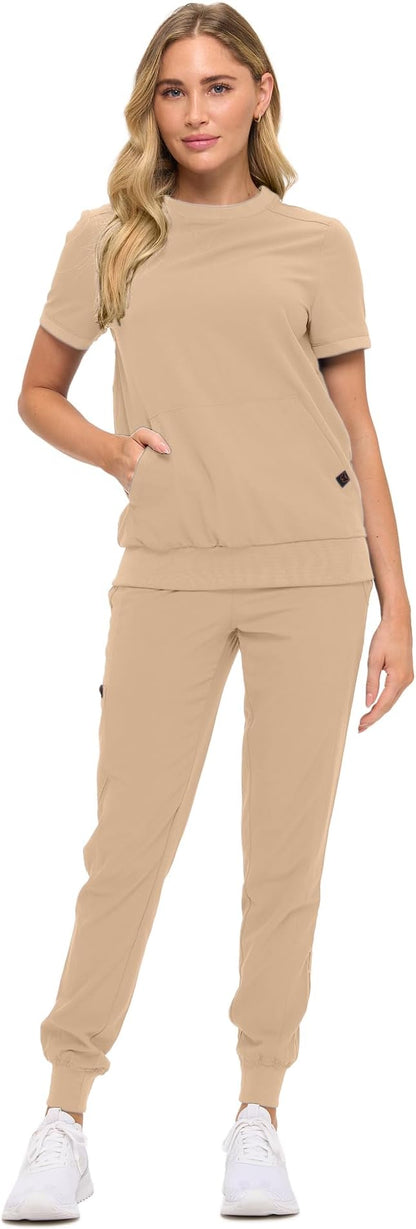 Women’s Scrub Set – Soft Stretch Fabric, Modern Fit Jogger Pants & Crew Neck Top