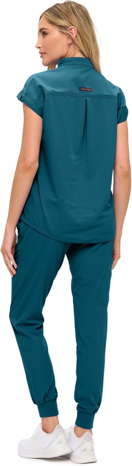 Monarch Uniforms Women's Jogger Scrub Set with Oversized Scrub Top with Mandarin Collar - Caribbean Blue