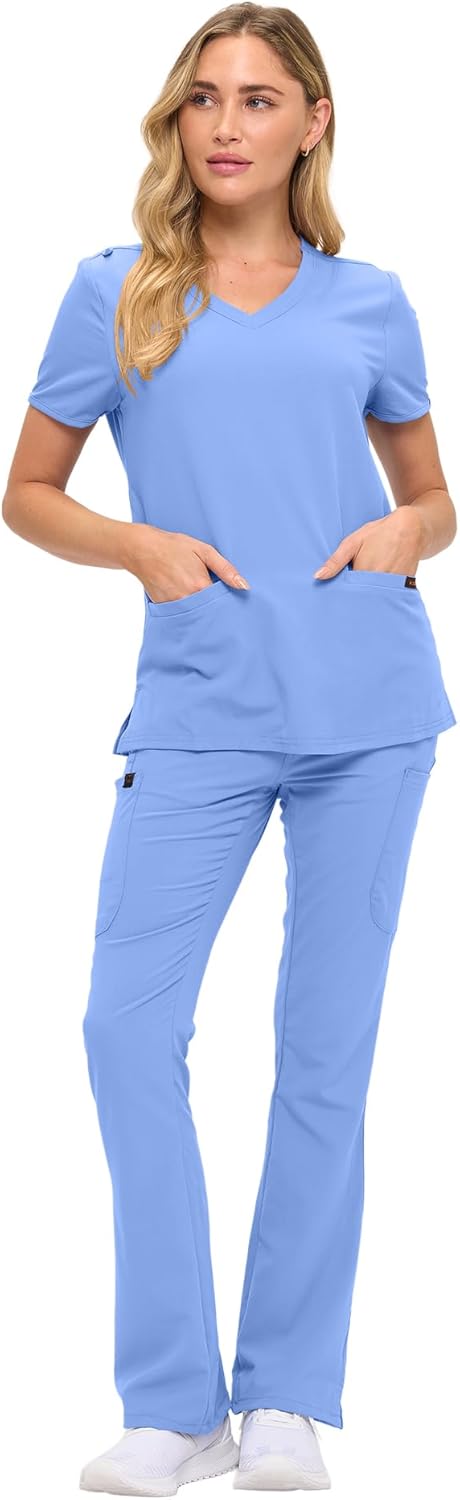 Monarch Uniforms Women's Soft Stretch Scrub Set With Nine Pockets – V-Neck Top & High-Waisted Bootcut Pants - Ceil Blue