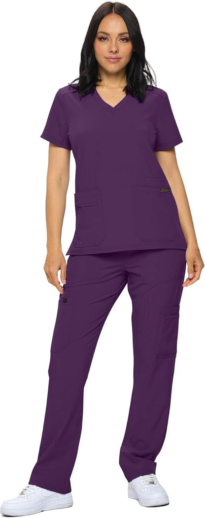 Monarch Uniforms Scrub Sets - Regular & Petite Stretchy Scrubs for Women - Set of Top & Pants - Eggplant