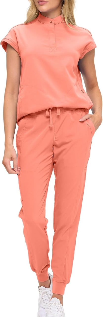 Monarch Uniforms Women's Jogger Scrub Set with Oversized Scrub Top with Mandarin Collar - Coral