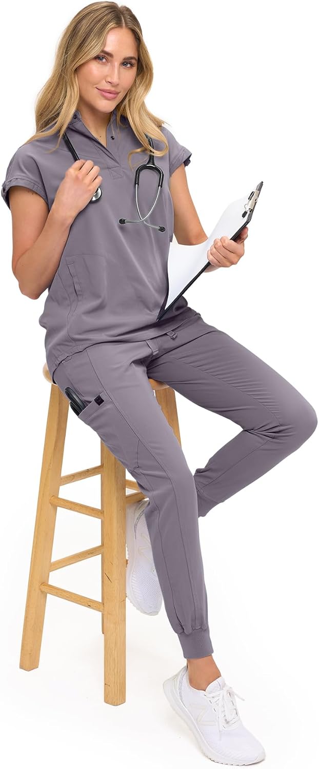 Monarch Uniforms Women's Jogger Scrub Set with Oversized Scrub Top with Mandarin Collar - Charcoal