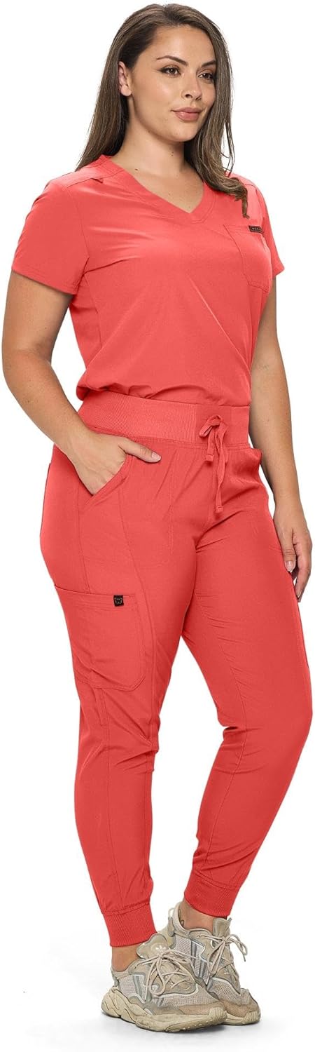 Monarch Uniforms Slim Fit Stretchy Scrubs Women's Jogger Scrub Set with Tuck-In Top - Coral