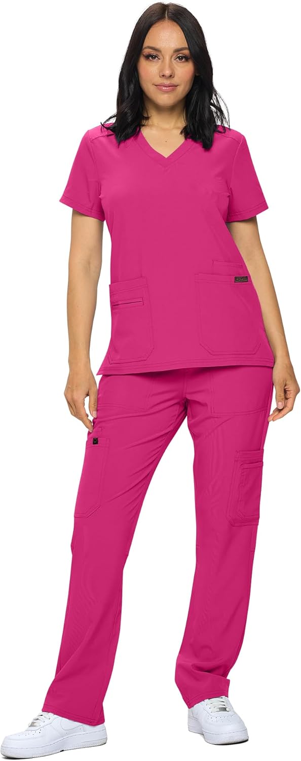 Monarch Uniforms Scrub Sets - Regular & Petite Stretchy Scrubs for Women - Set of Top & Pants - Hot Pink