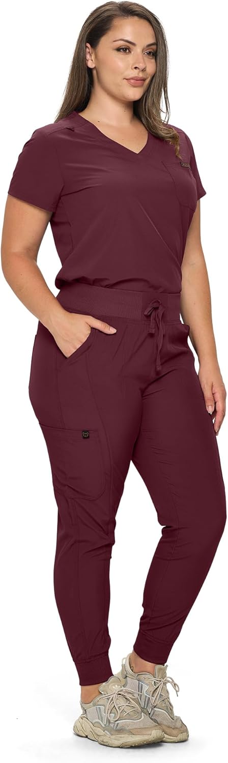 Monarch Uniforms Slim Fit Stretchy Scrubs Women's Jogger Scrub Set with Tuck-In Top - Burgundy