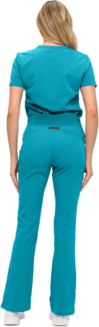 Monarch Uniforms Women's Soft Stretch Scrub Set With Nine Pockets – V-Neck Top & High-Waisted Bootcut Pants - Teal