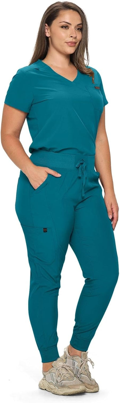 Monarch Uniforms Slim Fit Stretchy Scrubs Women's Jogger Scrub Set with Tuck-In Top - Caribbean Blue