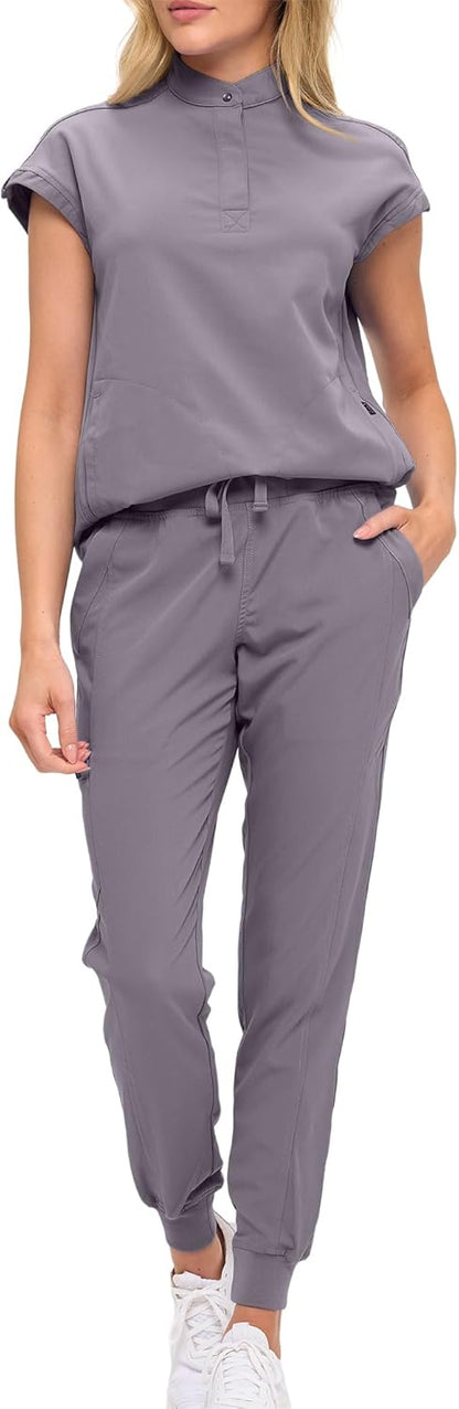 Monarch Uniforms Women's Jogger Scrub Set with Oversized Scrub Top with Mandarin Collar - Charcoal