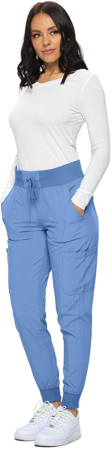 Monarch Uniforms Women's Jogger Scrubs Ribbed Jogger Scrub Pants for Women - Ceil Blue