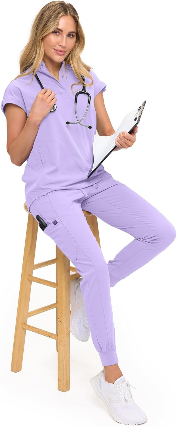 Monarch Uniforms Women's Jogger Scrub Set with Oversized Scrub Top with Mandarin Collar - Lavender