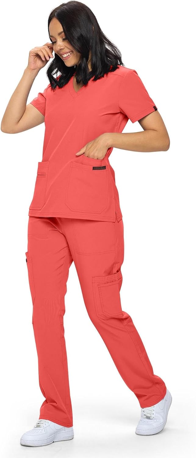 Monarch Uniforms Scrub Sets - Regular & Petite Stretchy Scrubs for Women - Set of Top & Pants - Coral