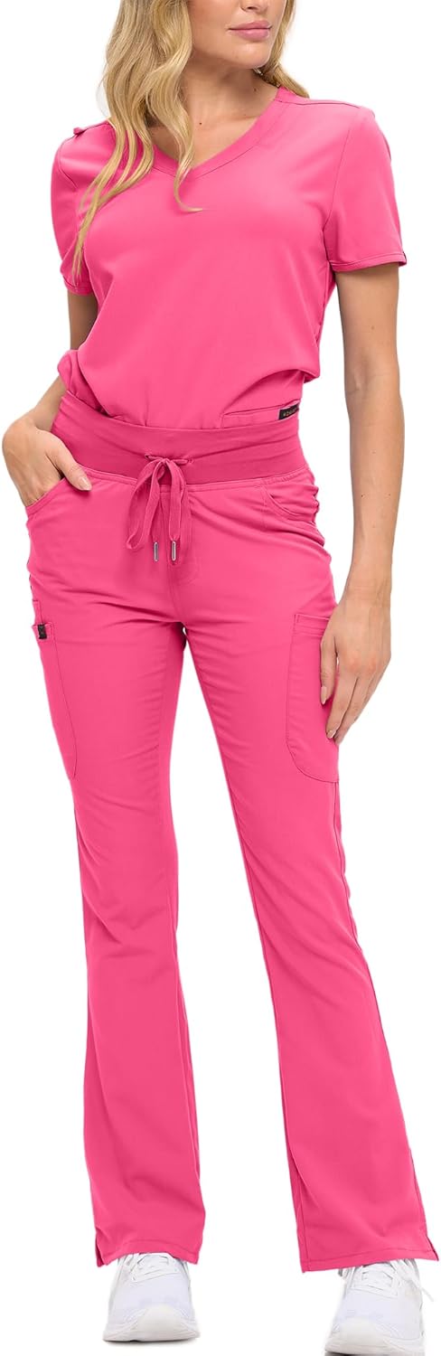 Monarch Uniforms Women's Soft Stretch Scrub Set With Nine Pockets – V-Neck Top & High-Waisted Bootcut Pants - Hot Pink
