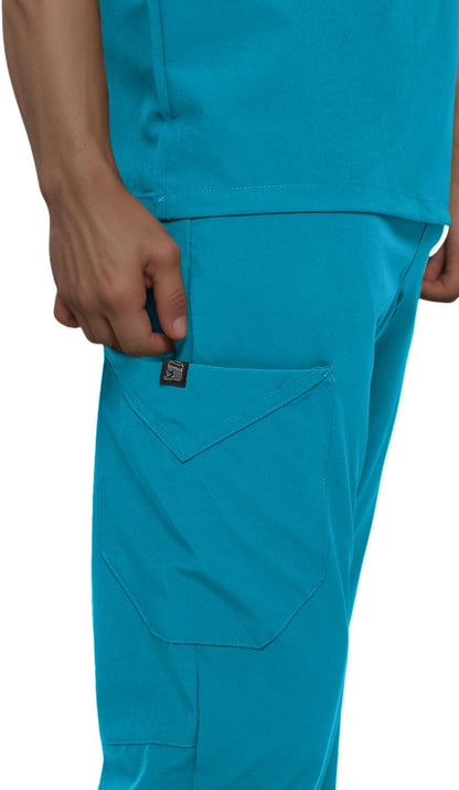 Monarch Uniforms Men's Jogger Scrub Set Tuck-in Scrubs for Men with Jogger Pants and One Pocket Top - Caribbean Blue