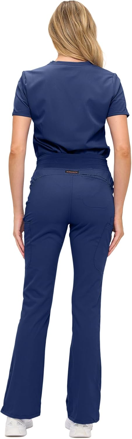 Monarch Uniforms Women's Soft Stretch Scrub Set With Nine Pockets – V-Neck Top & High-Waisted Bootcut Pants - Navy Blue
