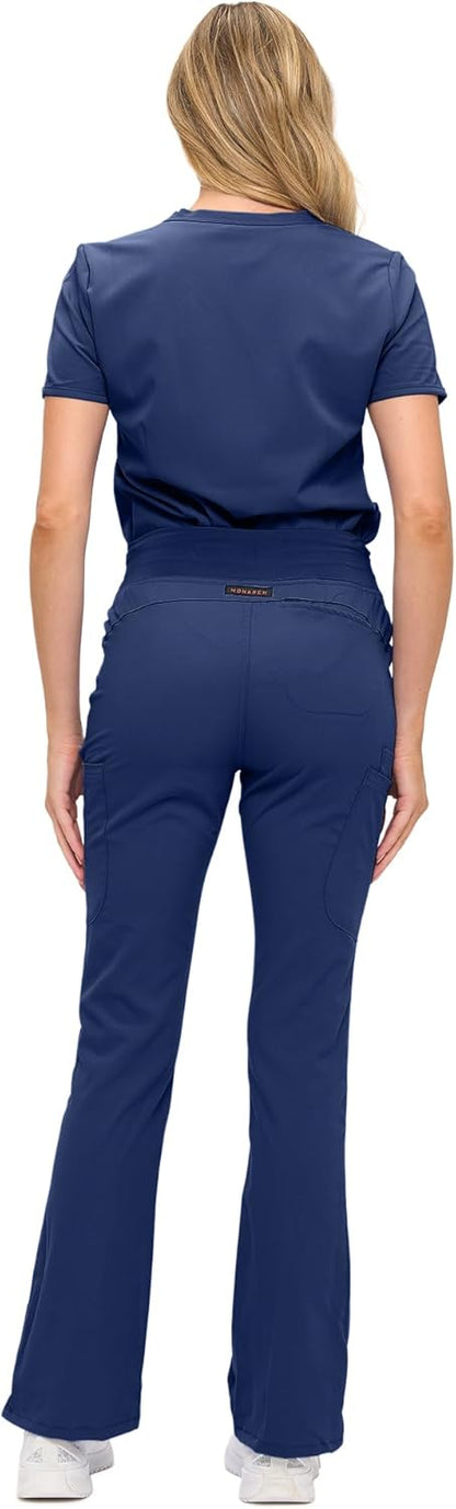 Monarch Uniforms Women's Soft Stretch Scrub Set With Nine Pockets – V-Neck Top & High-Waisted Bootcut Pants - Navy Blue