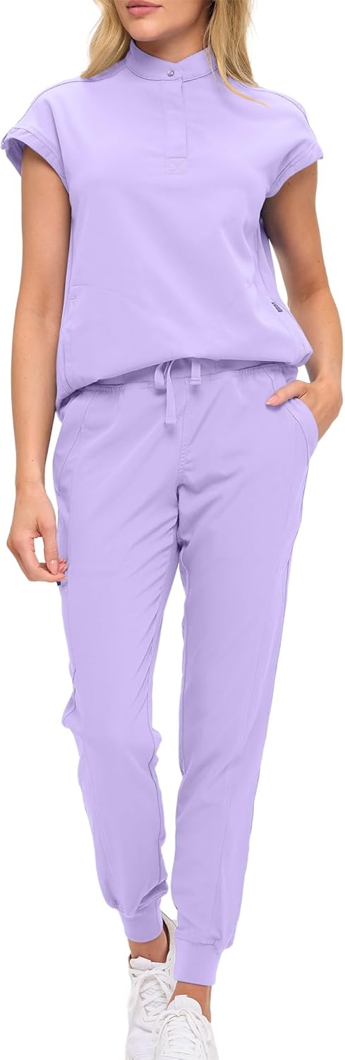 Monarch Uniforms Women's Jogger Scrub Set with Oversized Scrub Top with Mandarin Collar - Lavender