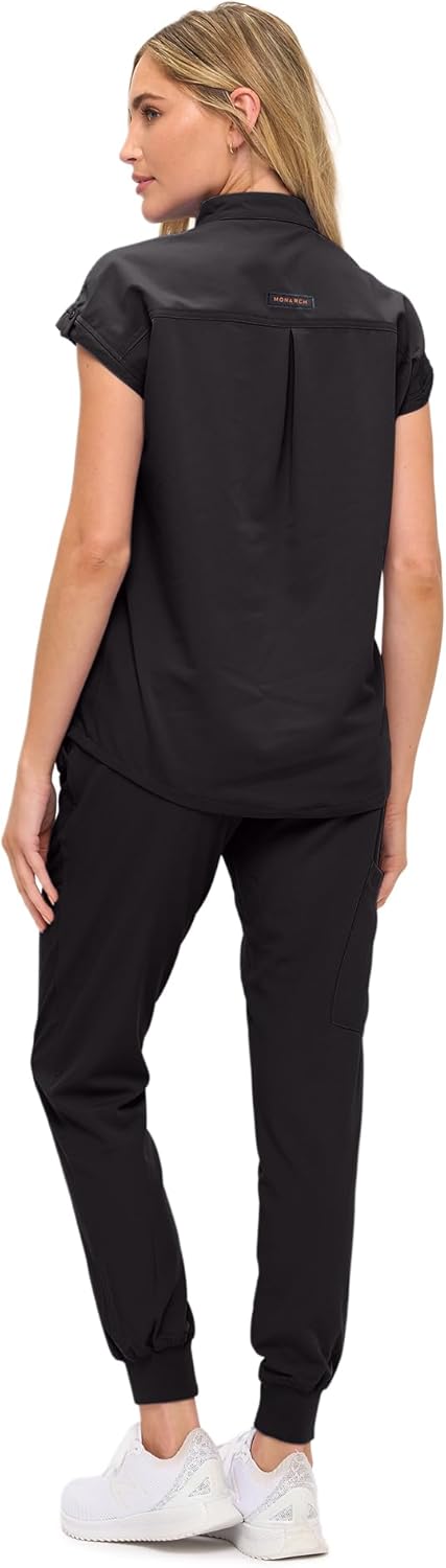 Monarch Uniforms Women's Jogger Scrub Set with Oversized Scrub Top with Mandarin Collar - Black
