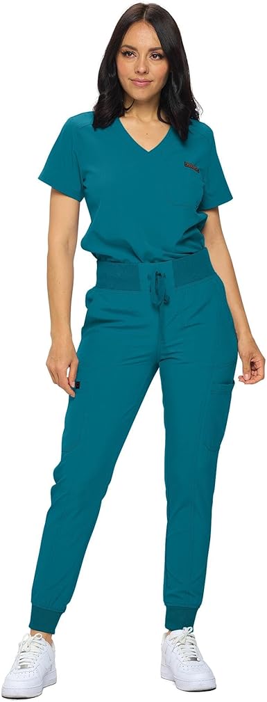Petite Stretchy Scrubs Women's Jogger Scrub Set Jogger Scrubs with Tuck-In Top for Women