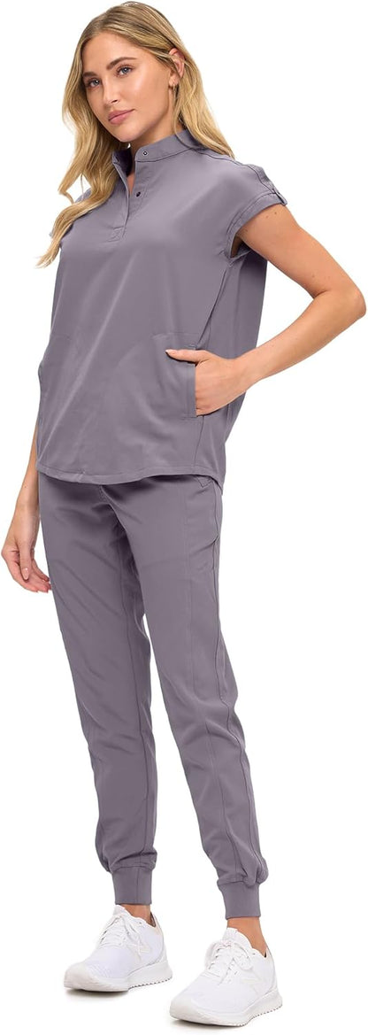 Monarch Uniforms Women's Jogger Scrub Set with Oversized Scrub Top with Mandarin Collar - Charcoal