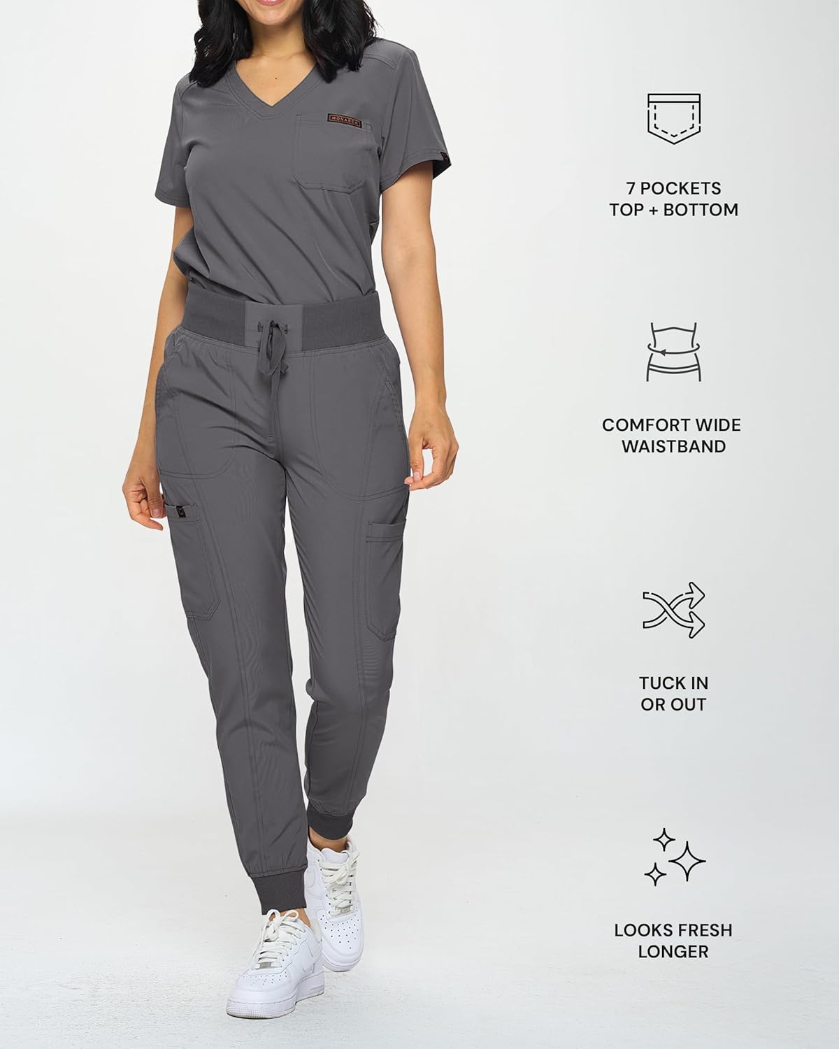 Monarch Uniforms Slim Fit Stretchy Scrubs Women's Jogger Scrub Set with Tuck-In Top - Charcoal