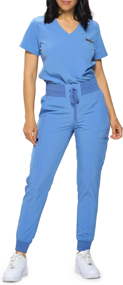 Monarch Uniforms Slim Fit Stretchy Scrubs Women's Jogger Scrub Set with Tuck-In Top - Ceil Blue