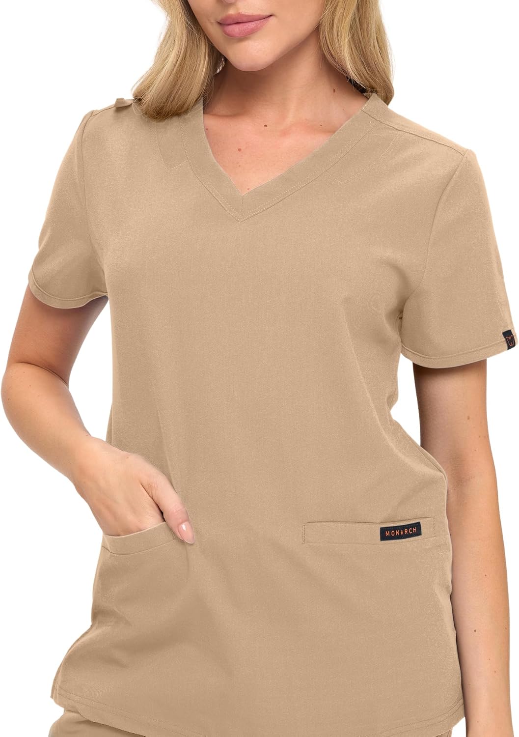 Monarch Uniforms Women's Scrub Top – Comfortable Stretch V-Neck Medical Shirt with Pockets - Khaki