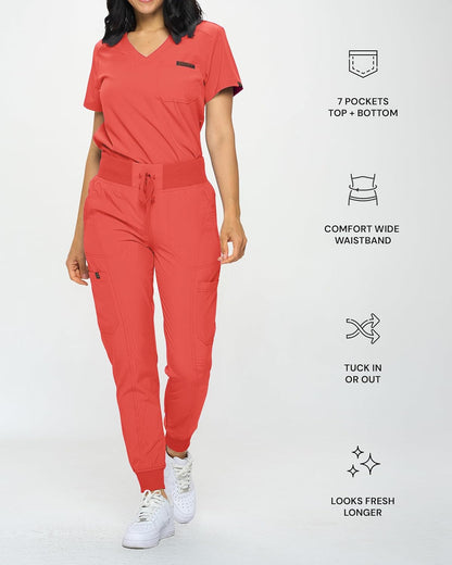Monarch Uniforms Slim Fit Stretchy Scrubs Women's Jogger Scrub Set with Tuck-In Top - Coral
