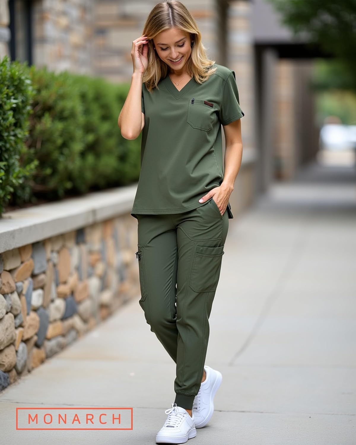 Monarch Uniforms Slim Fit Stretchy Scrubs Women's Jogger Scrub Set with Tuck-In Top - Olive Green