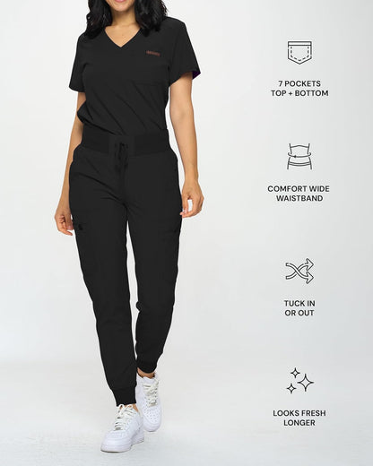 Monarch Uniforms Slim Fit Stretchy Scrubs Women's Jogger Scrub Set with Tuck-In Top - Black
