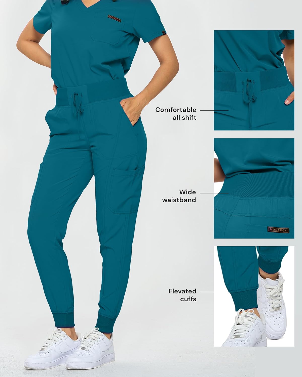 Monarch Uniforms Slim Fit Stretchy Scrubs Women's Jogger Scrub Set with Tuck-In Top - Caribbean Blue