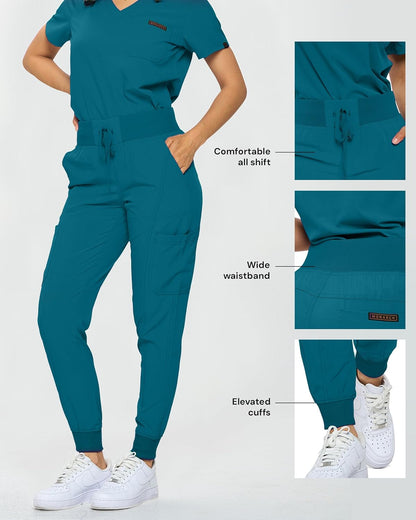 Monarch Uniforms Slim Fit Stretchy Scrubs Women's Jogger Scrub Set with Tuck-In Top - Caribbean Blue