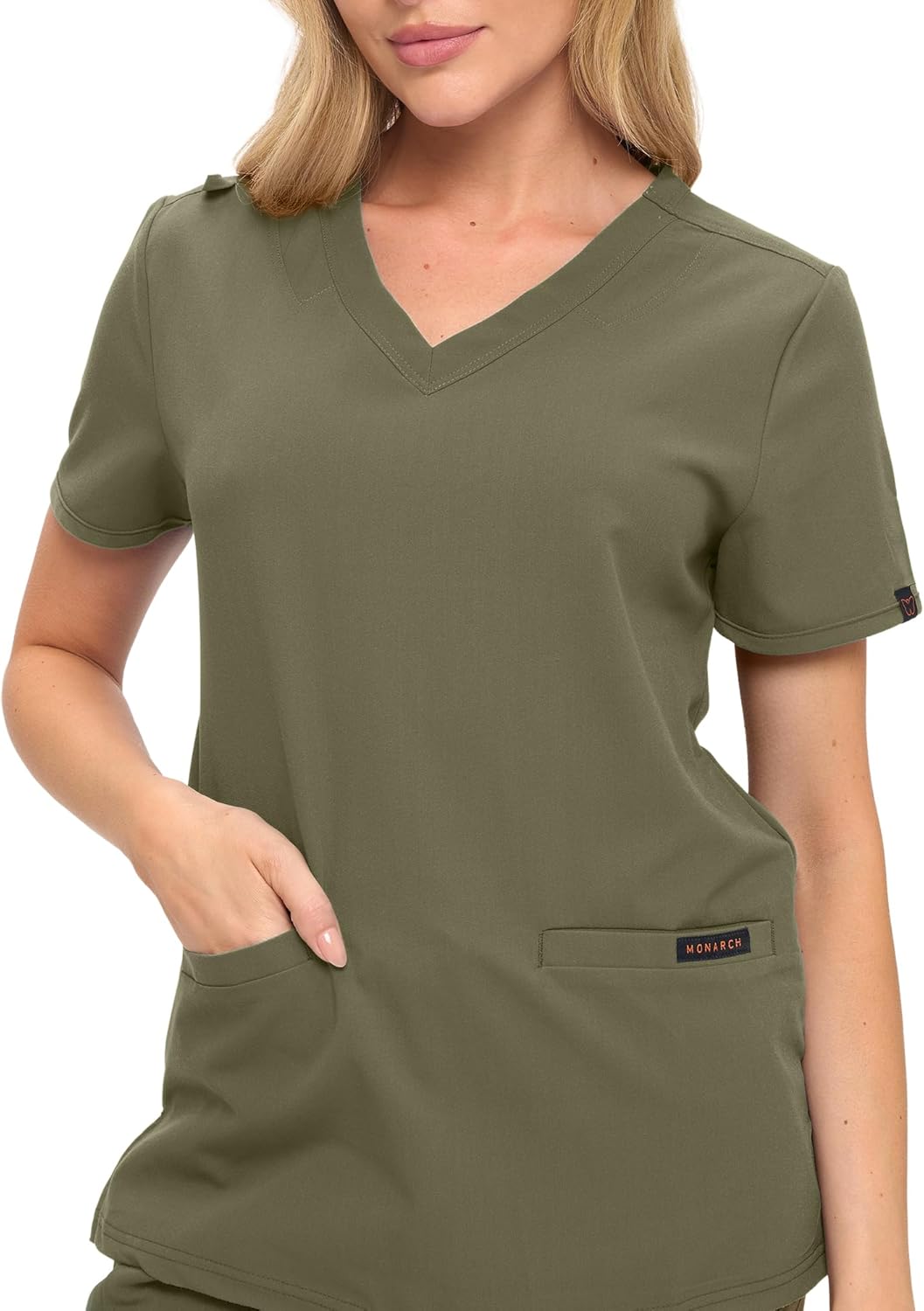 Monarch Uniforms Women's Scrub Top – Comfortable Stretch V-Neck Medical Shirt with Pockets - Olive