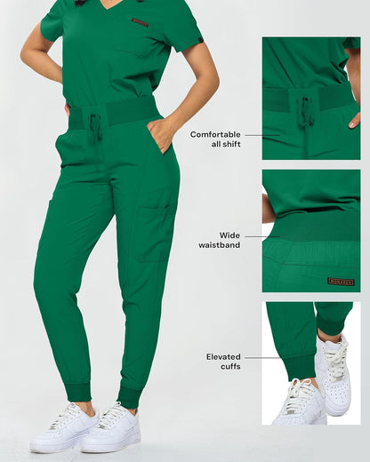 Monarch Uniforms Slim Fit Stretchy Scrubs Women's Jogger Scrub Set with Tuck-In Top - Hunter Green