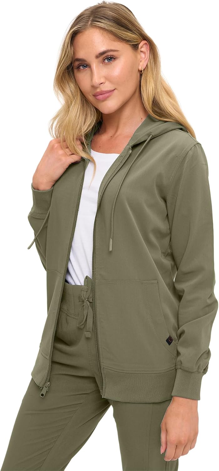Monarch Uniforms Women's Scrub Jacket Hoodie – Lightweight Zip Up Nursing Jacket - Olive