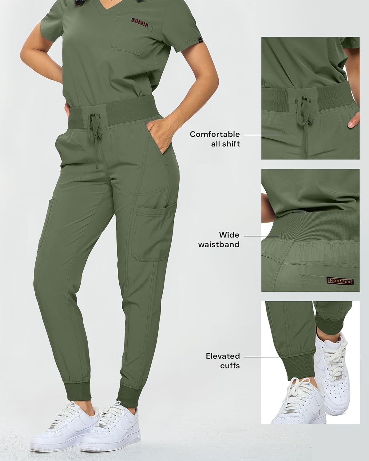 Monarch Uniforms Slim Fit Stretchy Scrubs Women's Jogger Scrub Set with Tuck-In Top - Olive Green