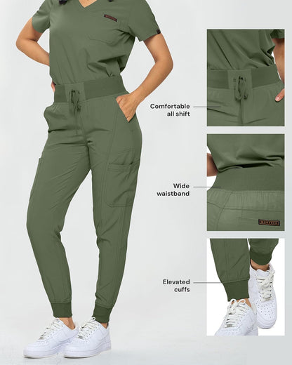 Monarch Uniforms Slim Fit Stretchy Scrubs Women's Jogger Scrub Set with Tuck-In Top - Olive Green