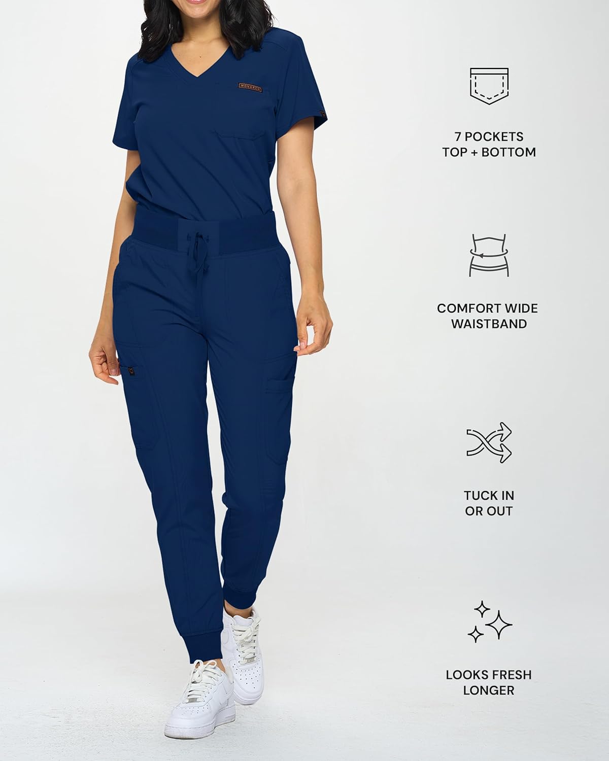 Monarch Uniforms Slim Fit Stretchy Scrubs Women's Jogger Scrub Set with Tuck-In Top - Navy