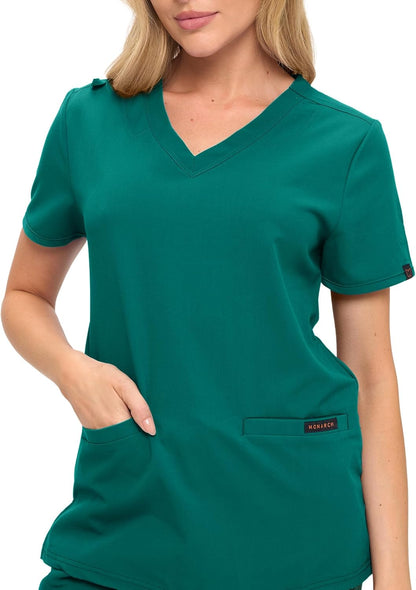Monarch Uniforms Women's Scrub Top – Comfortable Stretch V-Neck Medical Shirt with Pockets - True Hunter Green