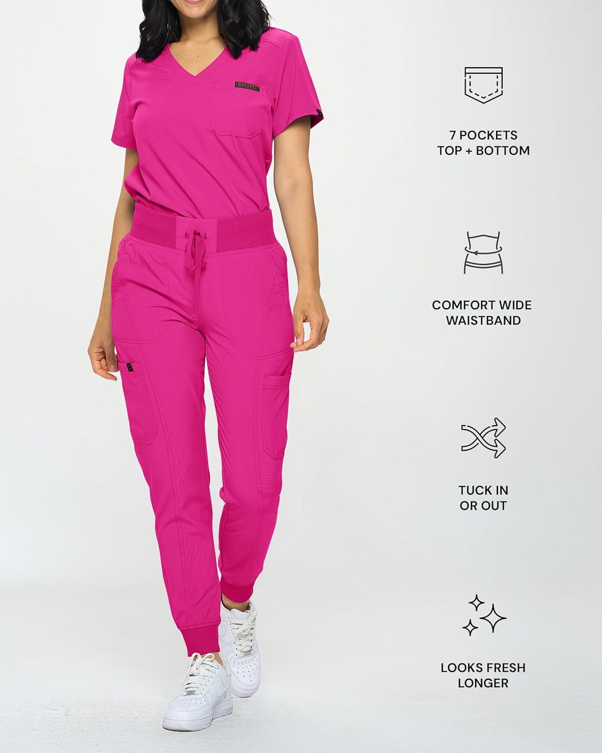 Monarch Uniforms Slim Fit Stretchy Scrubs Women's Jogger Scrub Set with Tuck-In Top - Hot Pink