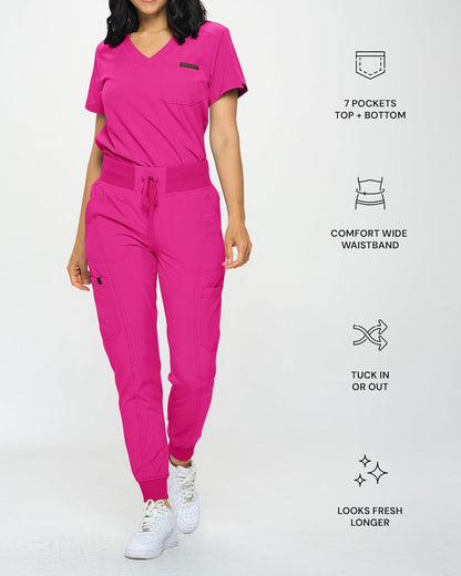 Monarch Uniforms Slim Fit Stretchy Scrubs Women's Jogger Scrub Set with Tuck-In Top - Hot Pink