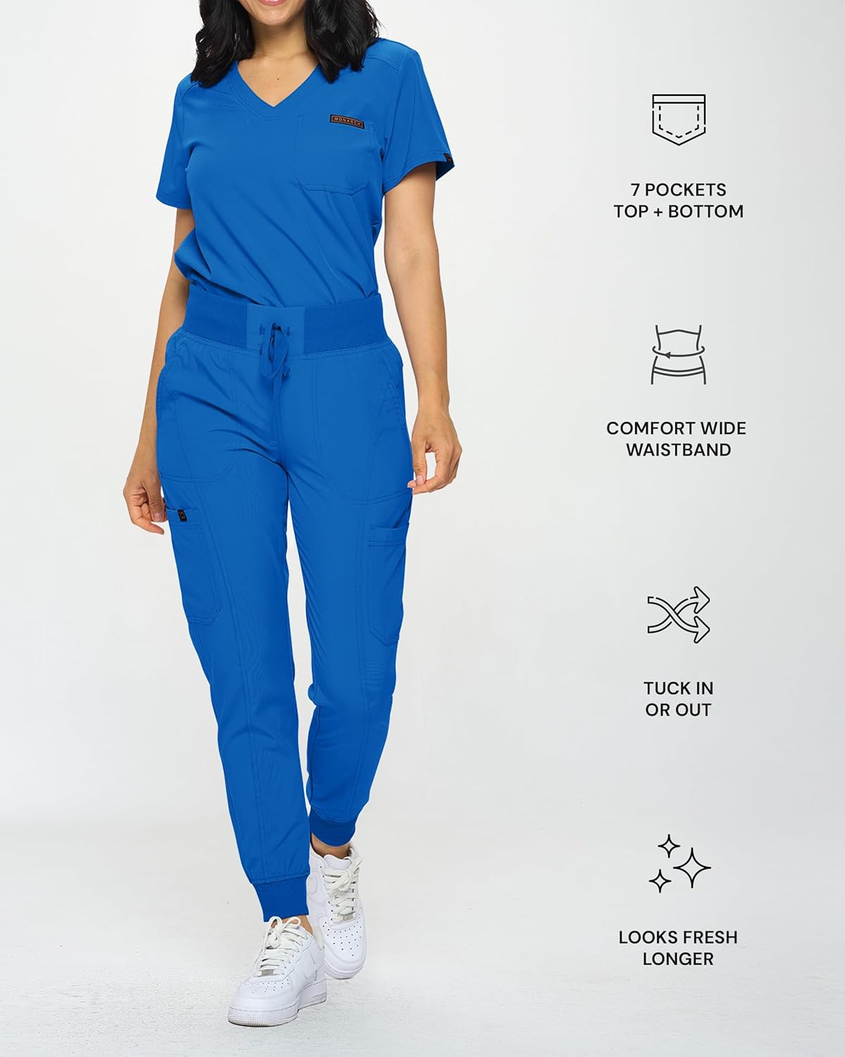 Monarch Uniforms Slim Fit Stretchy Scrubs Women's Jogger Scrub Set with Tuck-In Top - Royal Blue