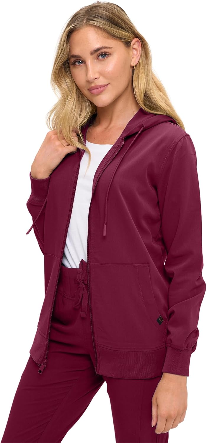 Monarch Uniforms Women's Scrub Jacket Hoodie – Lightweight Zip Up Nursing Jacket - Burgundy