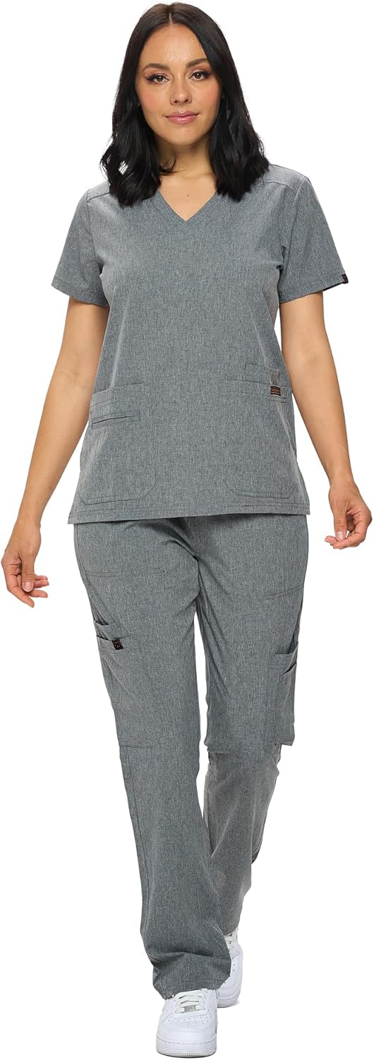 Monarch Uniforms Scrub Sets - Regular & Petite Stretchy Scrubs for Women - Set of Top & Pants - Heather Gray
